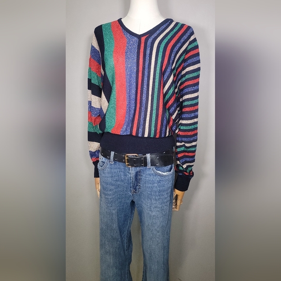 -Vintage 1980's Joyce Pullover Striped Sweater with Glitter Threads - Picture 1 of 5
